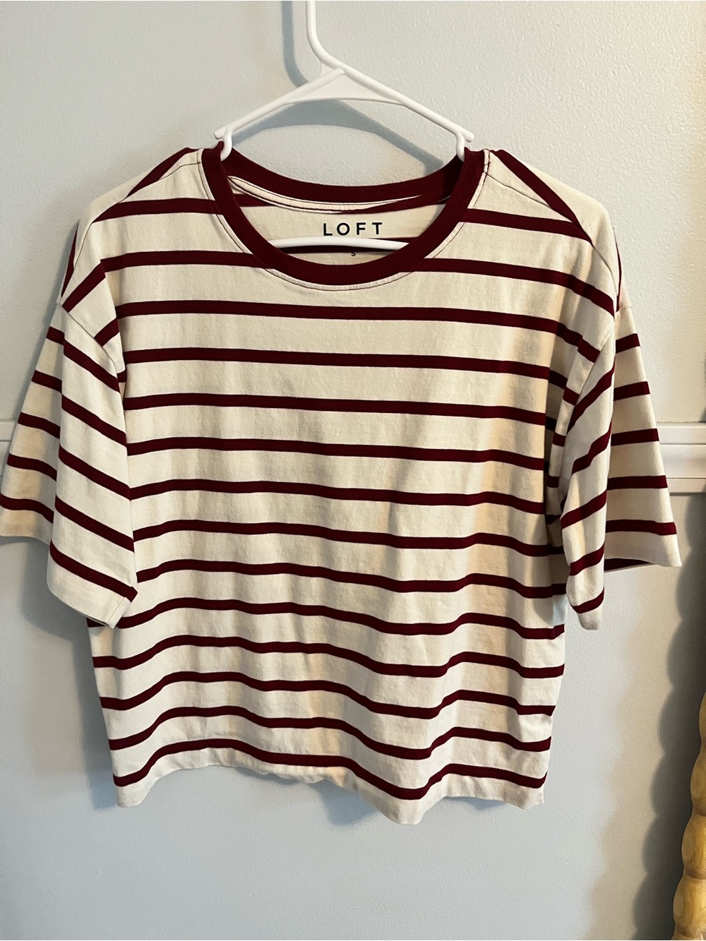 LOFT Cream and Burgundy Striped Short Sleeve Tee